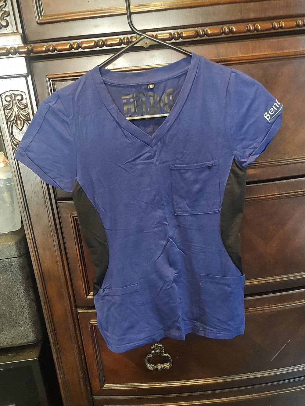 Benefit Medical Women's Blue V-Neck Scrub Top with Black Side Panels